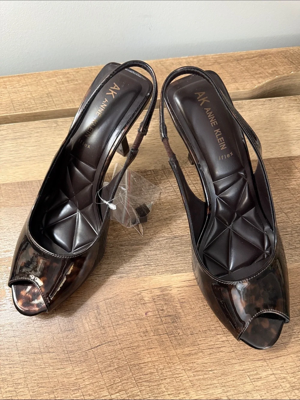 Anne Klein Dark Brown Tortoise Patent Peep-Toe Slingbacks, NWTs, size 9